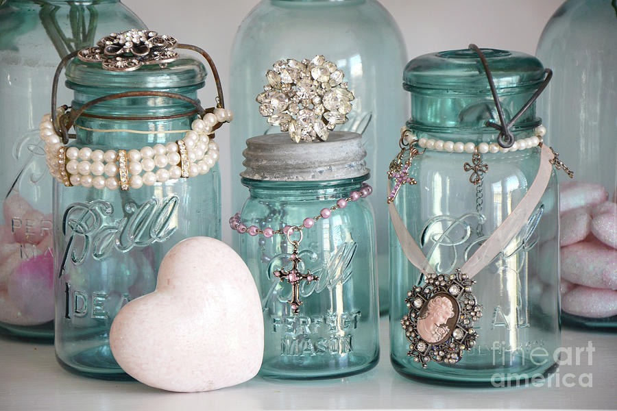 Vintage Aqua Blue Mason Ball Jars Romantic Bejeweled Heart Print and Home Decor Photograph by Kathy Fornal