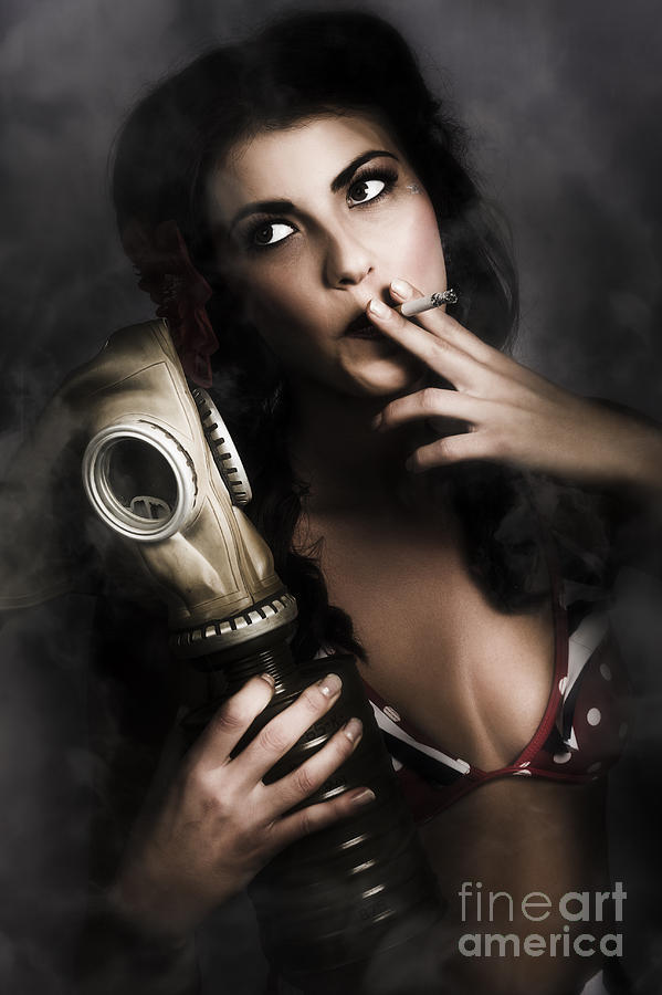Vintage army pinup girl holding gas mask Photograph by Jorgo Photography