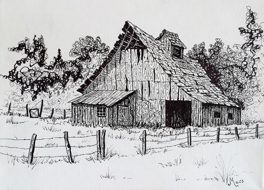 Vintage Barn Painting By Joan Mace