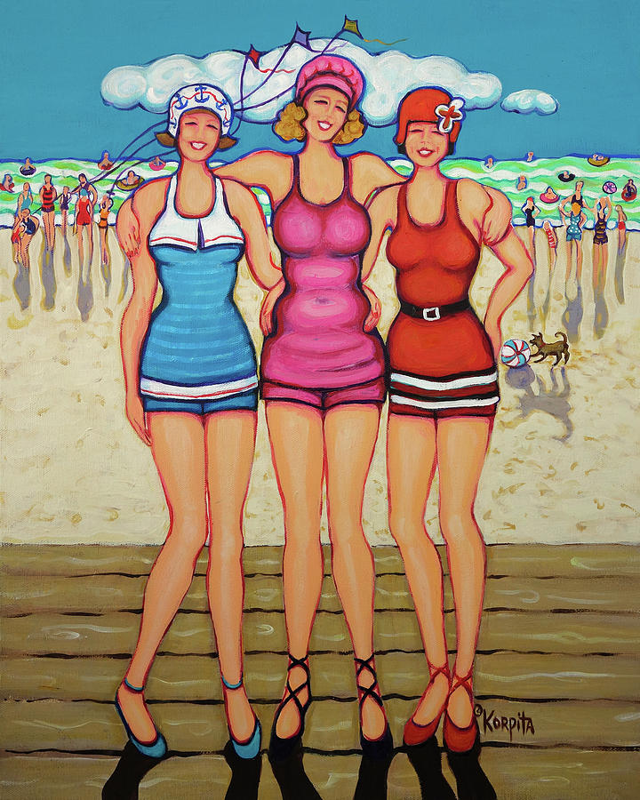 Vintage Beach Scene - Holiday at the Seashore Painting by Rebecca Korpita