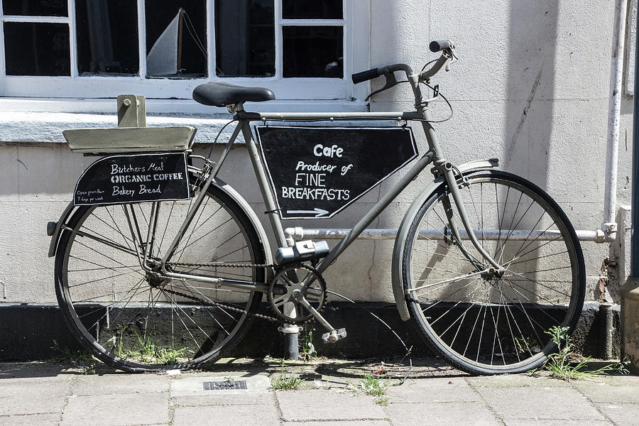 Vintage Bicycle with advertising sign for breakfast and cafe. Photograph by Tom Conway