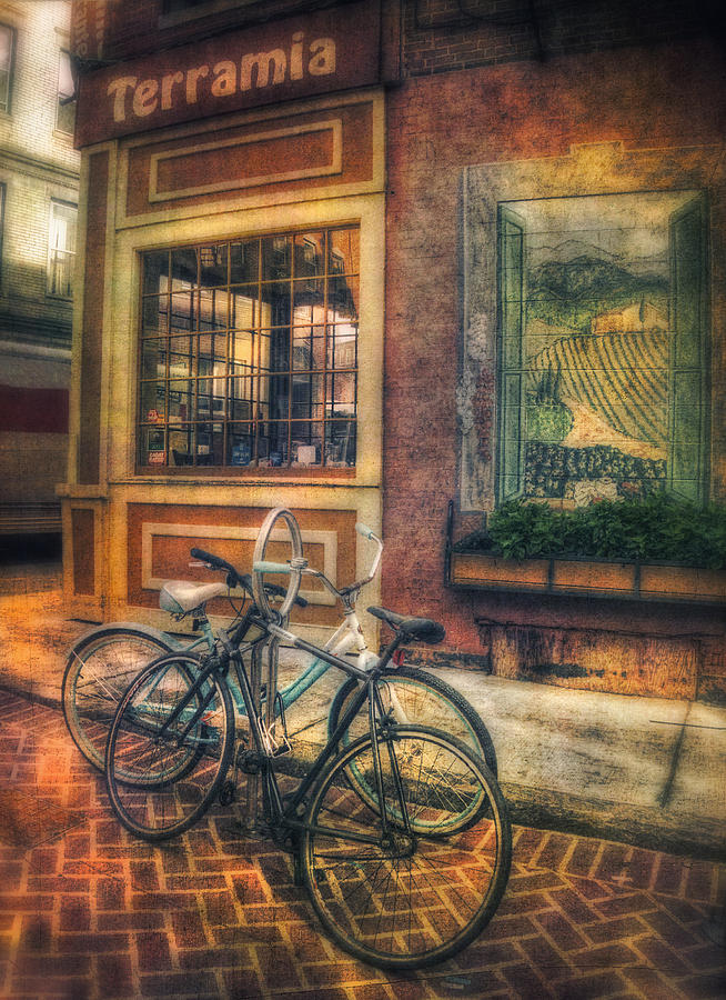 Vintage Bicycles on Sidewalk Corner - Boston North End Photograph by Joann Vitali