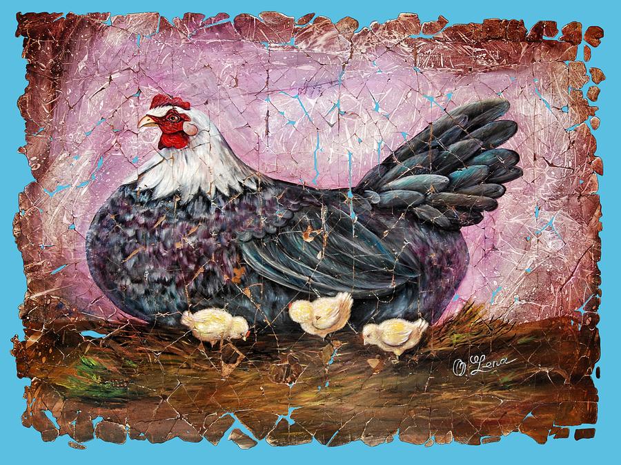 Vintage Blue Hen with Chicks Fresco  18x24 Digital Art by Lena Owens - OLena Art Vibrant Palette Knife and Graphic Design