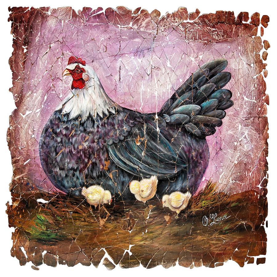 Vintage  Blue Hen with Chicks Fresco Digital Art by OLena Art by Lena Owens - Vibrant DESIGN