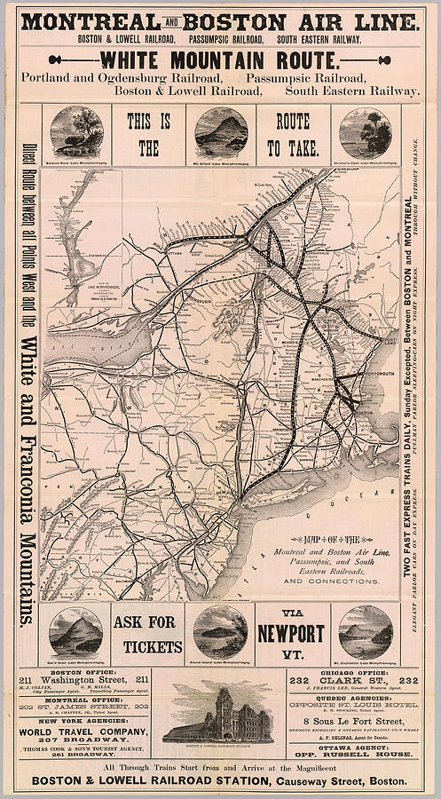 Vintage Boston and Montreal Railroad Map Drawing by ...