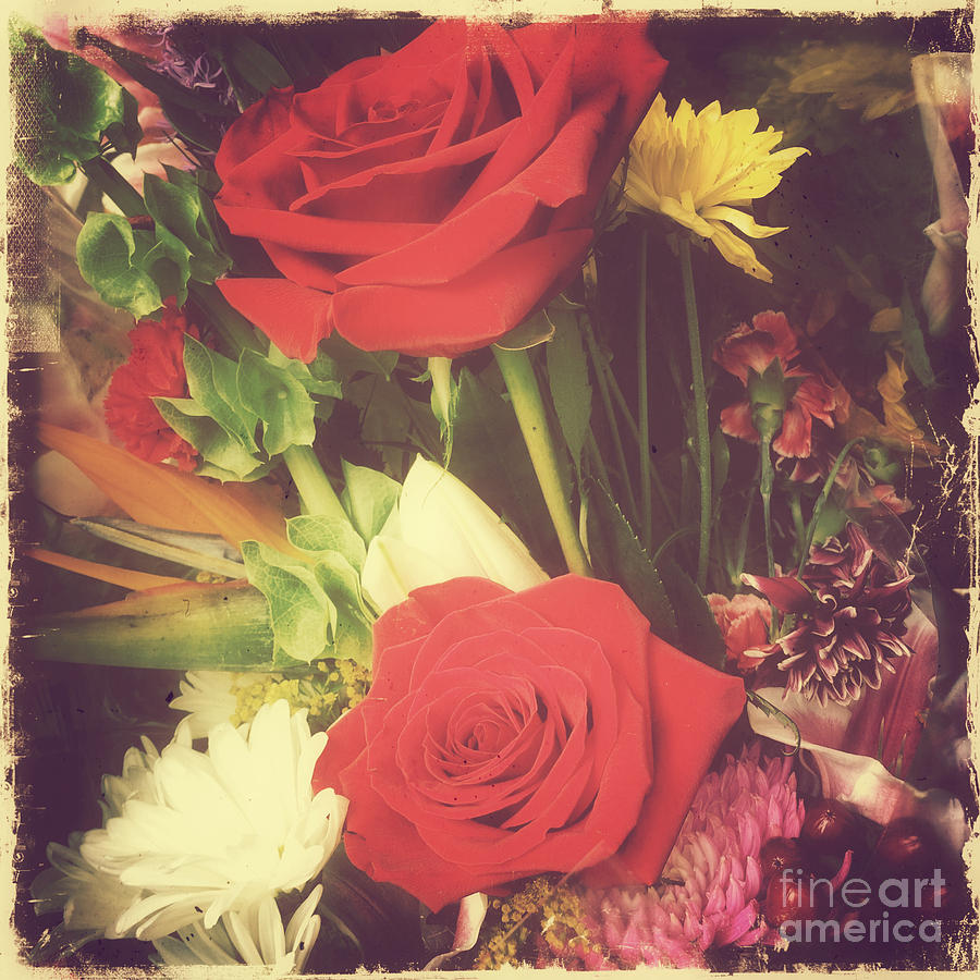 Flower Photograph - VIntage Bouquet - Roses are Red by Miriam Danar
