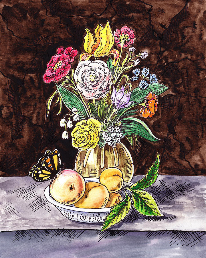 Vintage Bouquet With Fruits And Butterfly  Painting by Irina Sztukowski