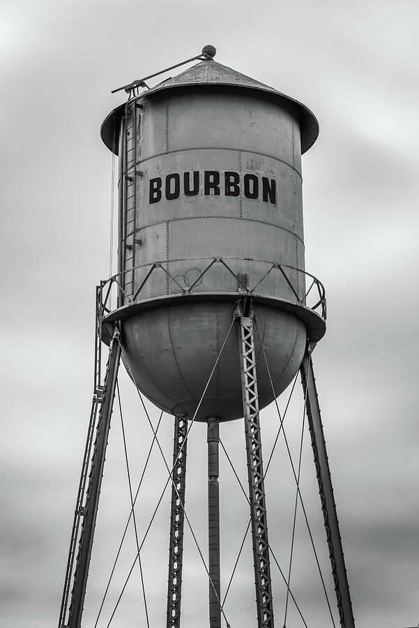 Vintage Bourbon Whiskey Art Water Tower - Black and White Missouri Photograph by Gregory Ballos