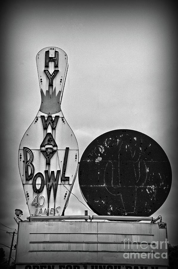 Vintage Bowling Sign black and white Photograph by Paul Ward