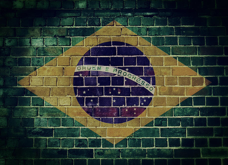 Vintage Brazil flag on a brick wall Digital Art by Steve Ball