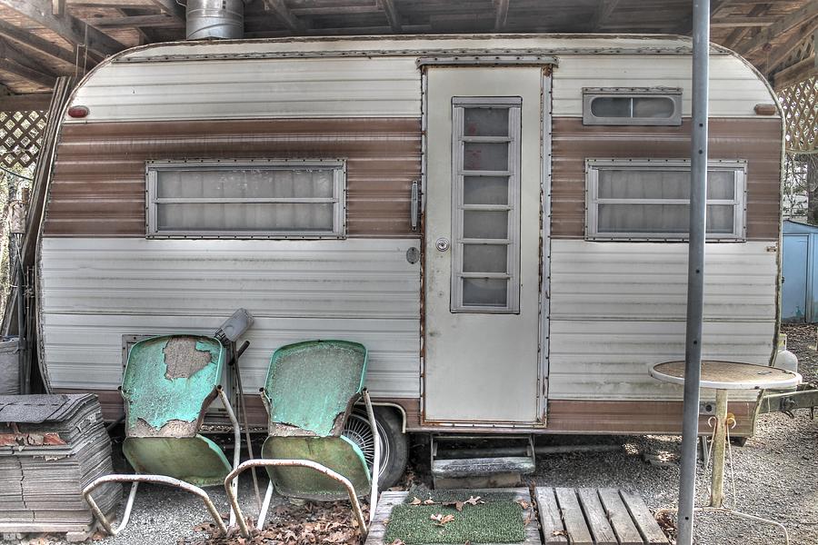 Vintage camper aqua chairs Photograph by Jane Linders