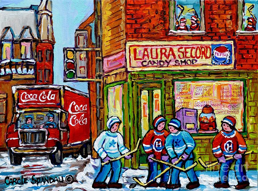 Vintage Candy Store And Coca Cola Truck Paintings Hockey Game At Laura Secord Montreal Winter Scene  Painting by Carole Spandau