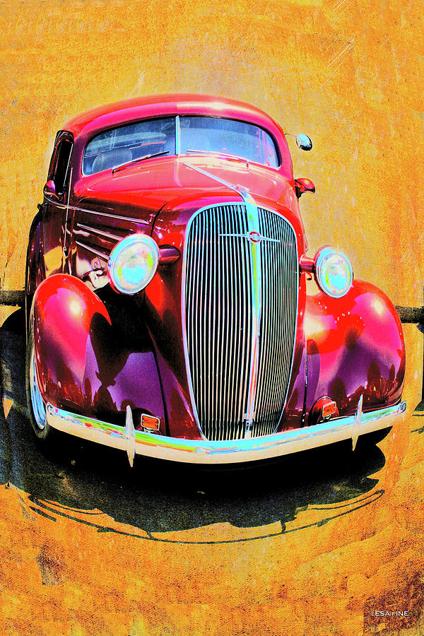 Vintage Car Art Shuffle RED Mixed Media by Lesa Fine