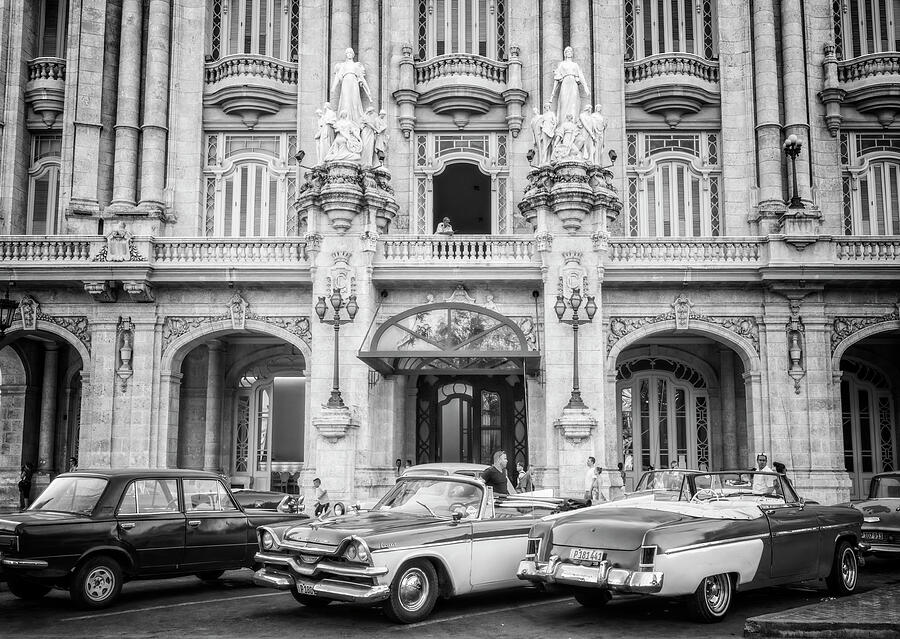 Vintage Cars And The Grand Theatre Havana Cuba BW Photograph by Joan Carroll