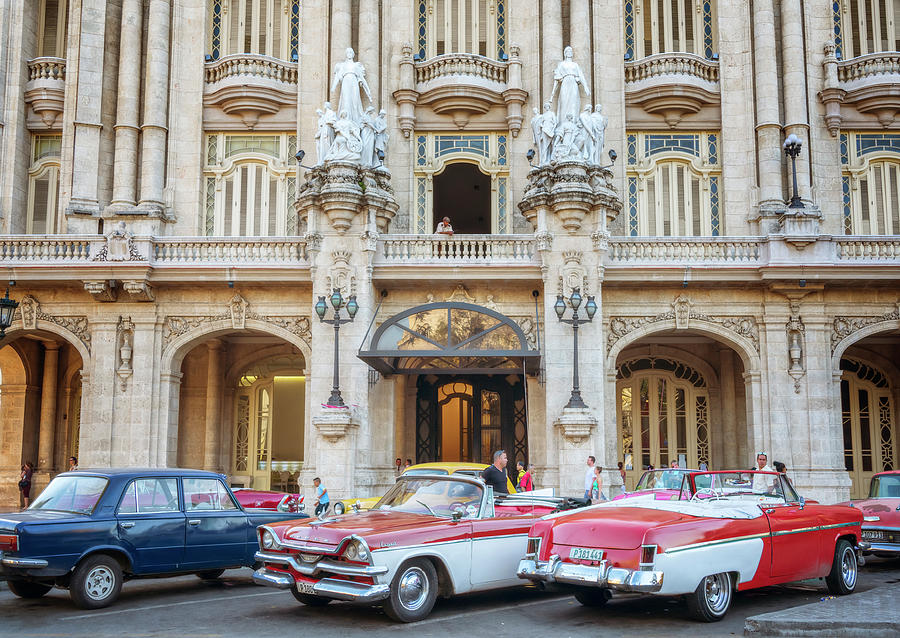 Car Photograph - Vintage Cars and the Grand Theatre Havana Cuba by Joan Carroll