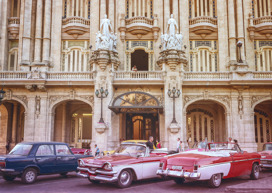 Car Photograph - Vintage Cars And The Grand Theatre Havana Cuba Lomo by Joan Carroll