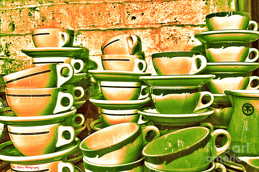 Vintage Cellar Tea Cups Painterly Photograph by Nina Silver