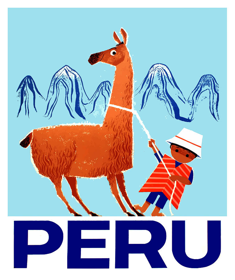 Llama Digital Art - Vintage Child and Llama Peru Travel Poster by Retro Graphics