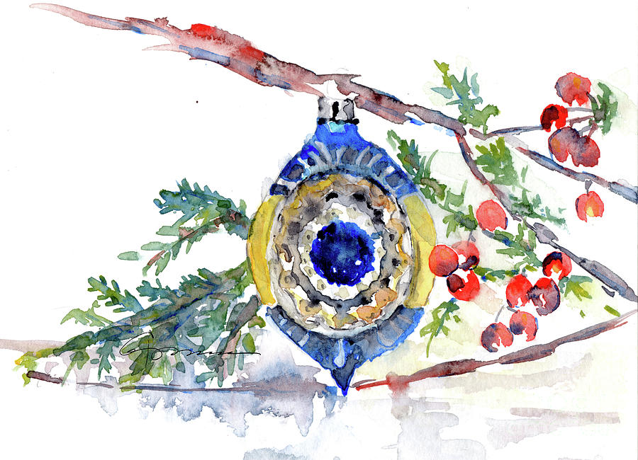 Vintage Christmas Bulb in Blue Painting by Claudia Hafner