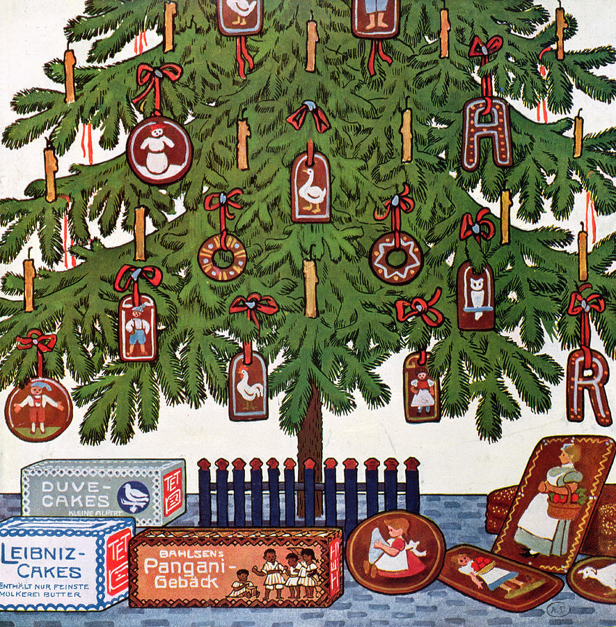Tree Painting - Vintage Christmas Card by German School