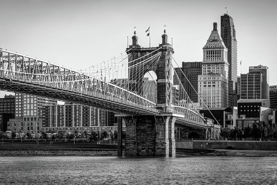 Vintage Cincinnati Ohio Skyline and Bridge in Black and White Photograph by Gregory Ballos