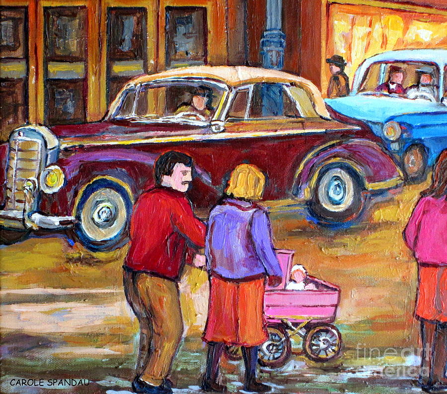 Montreal Painting - Vintage Classic 1946 Car Painting  Downtown Street Montreal Canadian Painting Carole Spandau         by Carole Spandau