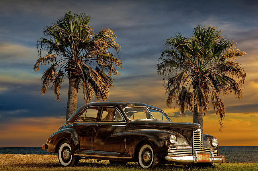 Vintage Classic Automobile with Palm Trees at Sunrise Photograph by Randall Nyhof