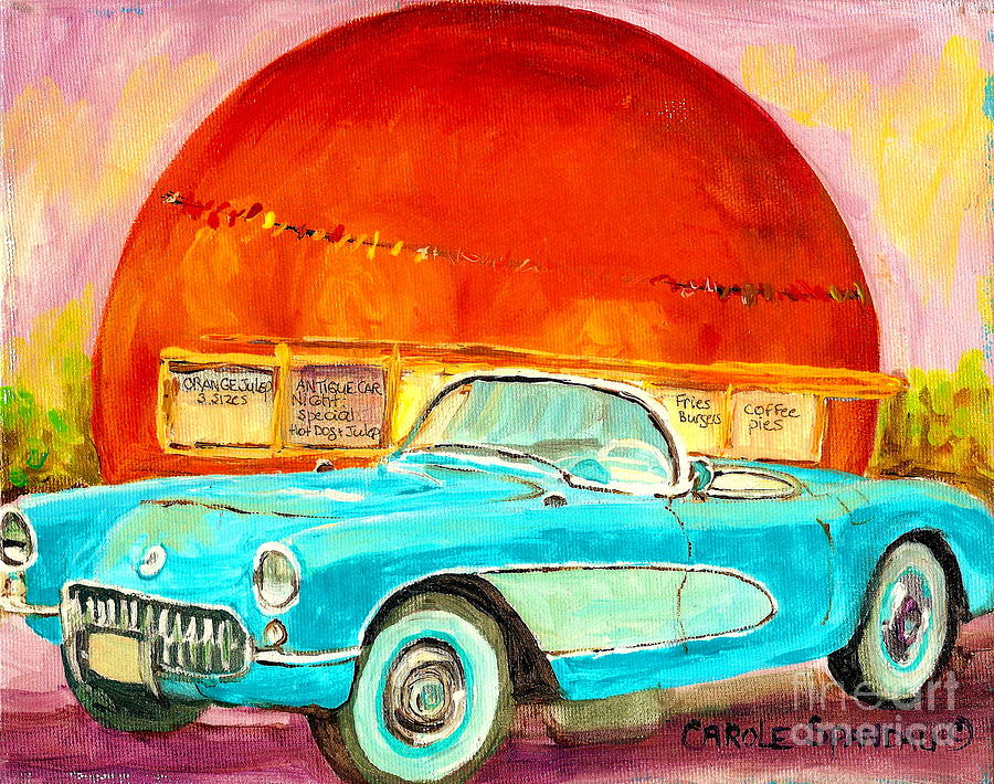 Vintage Classic Car Painting Blue Corvette At Orange Julep Montreal Canadian Art Carole Spandau   Painting by Carole Spandau