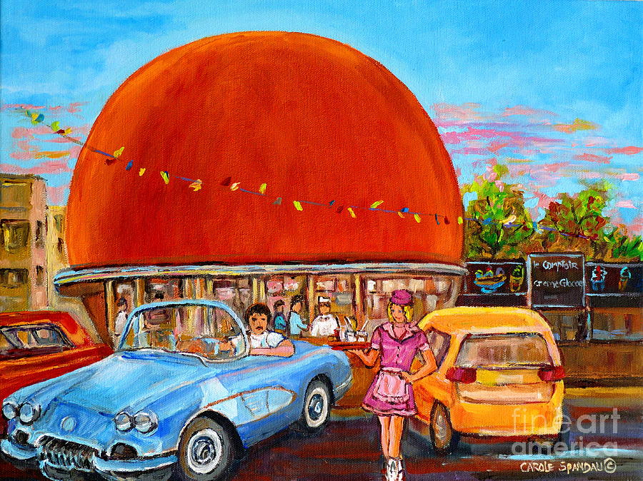 Vintage Classic Cars Painting At The Orange Julep Montreal Diner Canadian Painting Carole Spandau    Painting by Carole Spandau
