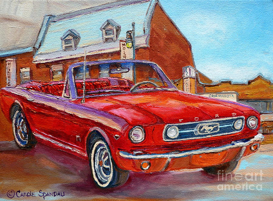 Vintage Classic Cars Paintings Red Mustang At The Diner Montreal Canadian Art Carole Spandau         Painting by Carole Spandau
