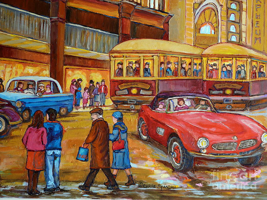 Vintage Classic Cars  Red Convertible Downtown Traffic Montreal Canadian Art Carole Spandau          Painting by Carole Spandau