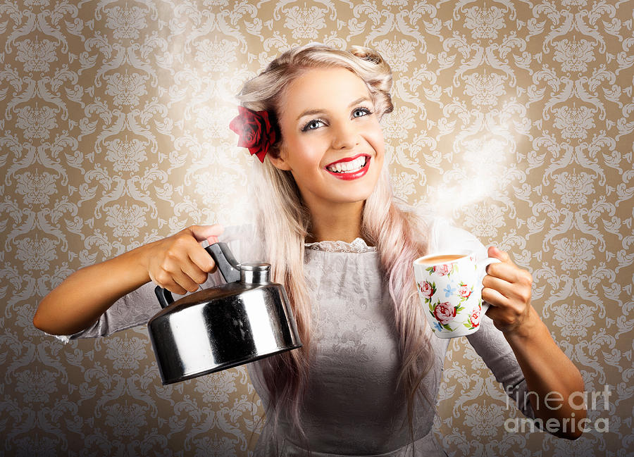 Vintage Coffee Woman Holding Hot Tea Pot Photograph by Jorgo Photography