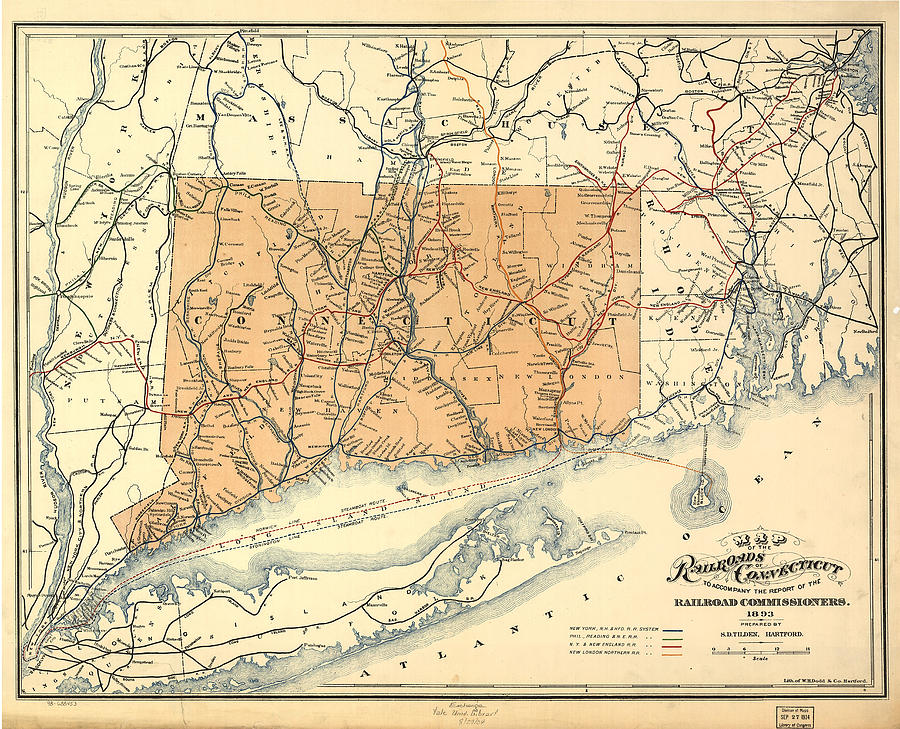 Vintage Connecticut Railroad Map - 1893 Drawing by ...