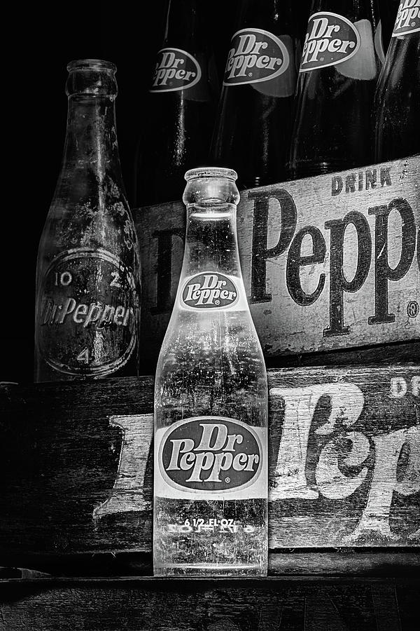 Vintage Dr Pepper Bottles in Black and White Photograph by JC Findley