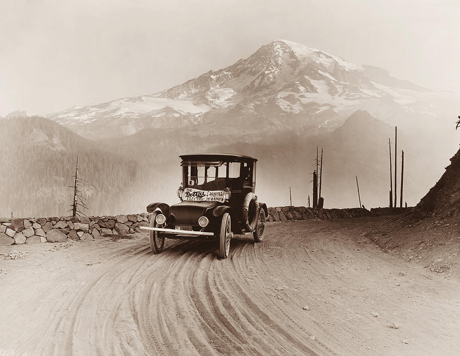 Vintage Electric Car and Mt. Rainier - 1919 Photograph by War Is Hell Store