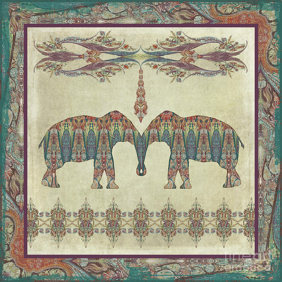 Elephant Painting - Vintage Elephants Kashmir Paisley Shawl Pattern Artwork by Audrey Jeanne Roberts