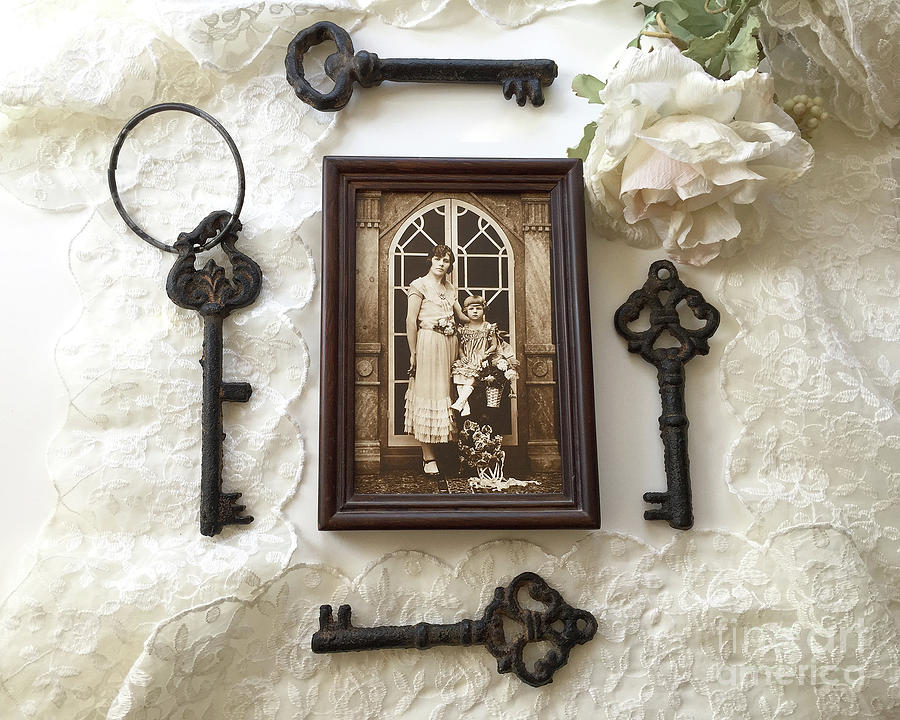 Vintage Era Sepia 1920s Family Heirloom Mother Daughter Print-Vintage Antique Black Keys Flatlay Photograph by Kathy Fornal