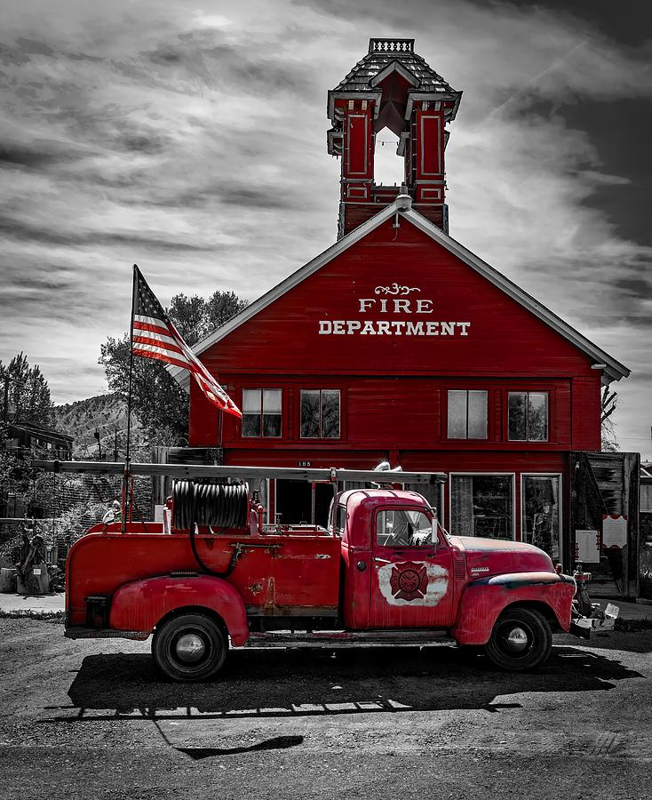 Vintage Photograph - Vintage Firetruck And Firehouse by Mountain Dreams