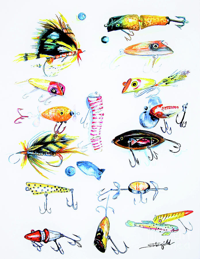 Vintage fishing lures II Painting by Johnnie Stanfield