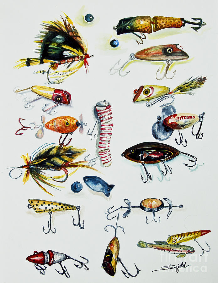 Vintage fishing Lures Painting by Johnnie Stanfield