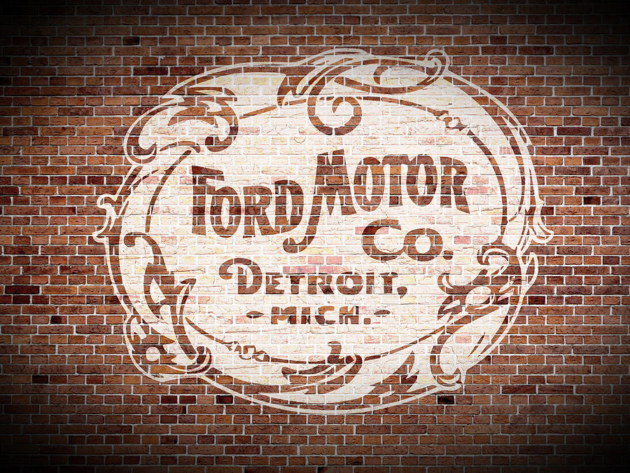 Vintage Mixed Media - Vintage Ford Logo Painted on Old Brick Wall in Detroit Michigan by Design Turnpike