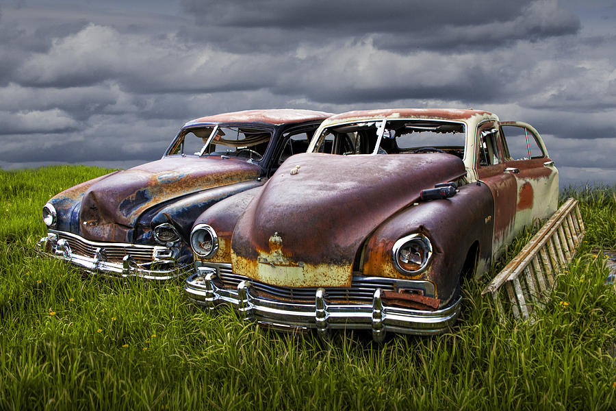 Vintage Frazer Auto Wrecks in a Grassy Field Photograph by Randall Nyhof