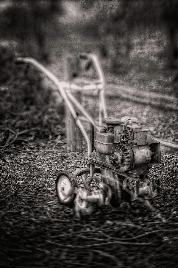 Black And White Photograph - Vintage Garden Rototiller Near Split Rail Fence in Black and Whi by YoPedro