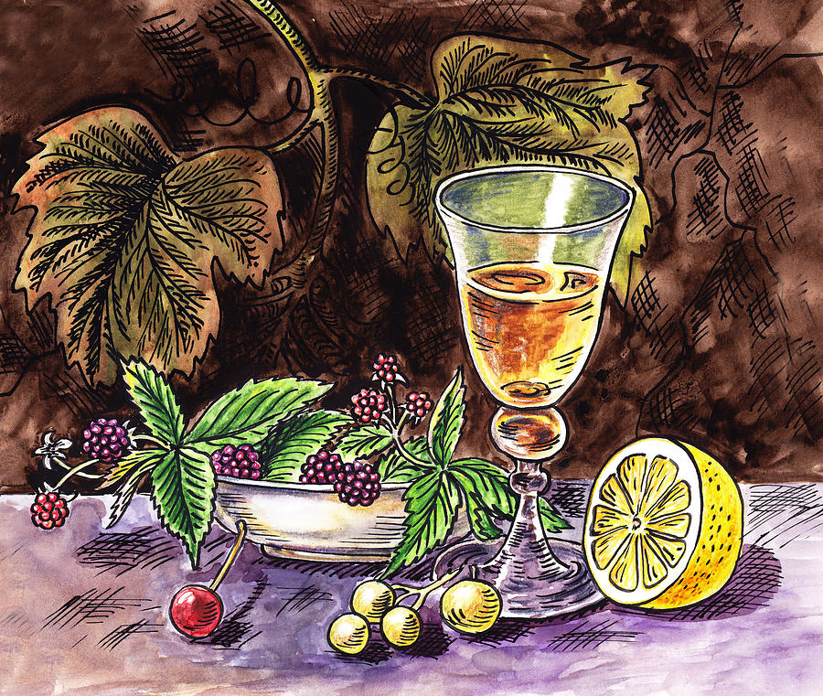Still Life Painting - Vintage Glass With Lemon And Berries by Irina Sztukowski