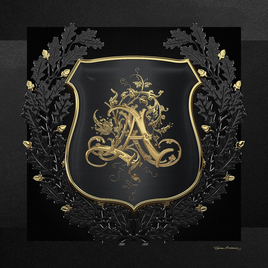 Vintage Gold AA Monogram on Black Shield with Black Oak Wreath over Black Canvas Digital Art by Serge Averbukh