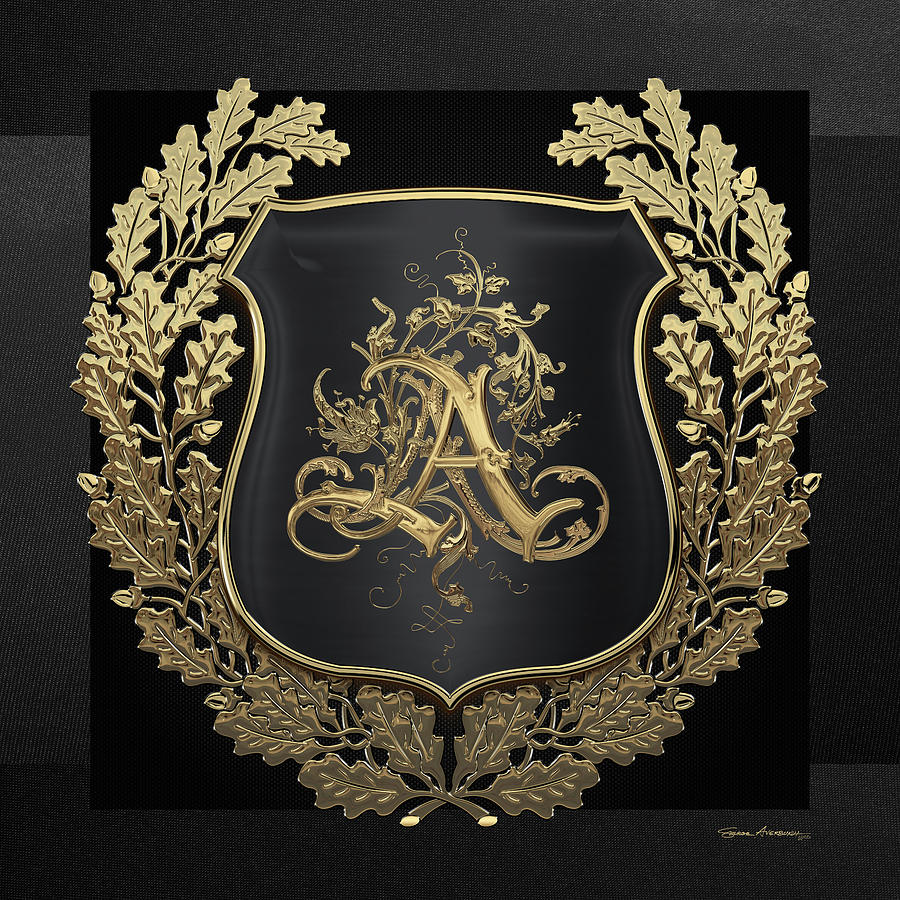 Vintage Gold AA Monogram on Black Shield with Gold Oak Wreath over Black Canvas Digital Art by Serge Averbukh