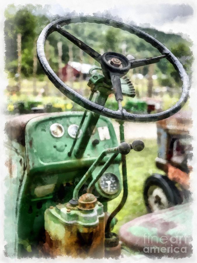 Vintage Photograph - Vintage Green Tractor Steering Wheel by Edward Fielding