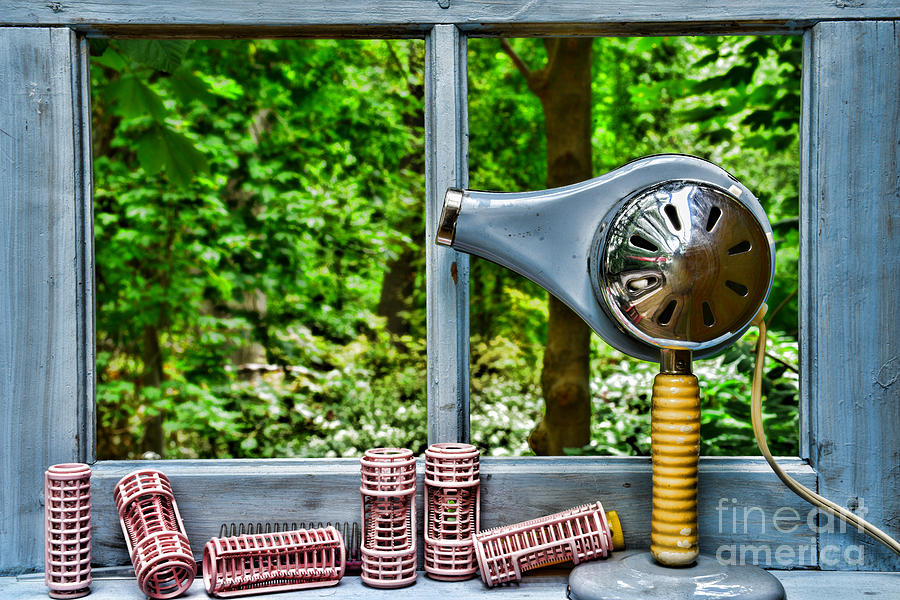 Vintage Hair Dryer and Curlers on Window Sill Photograph by Paul Ward