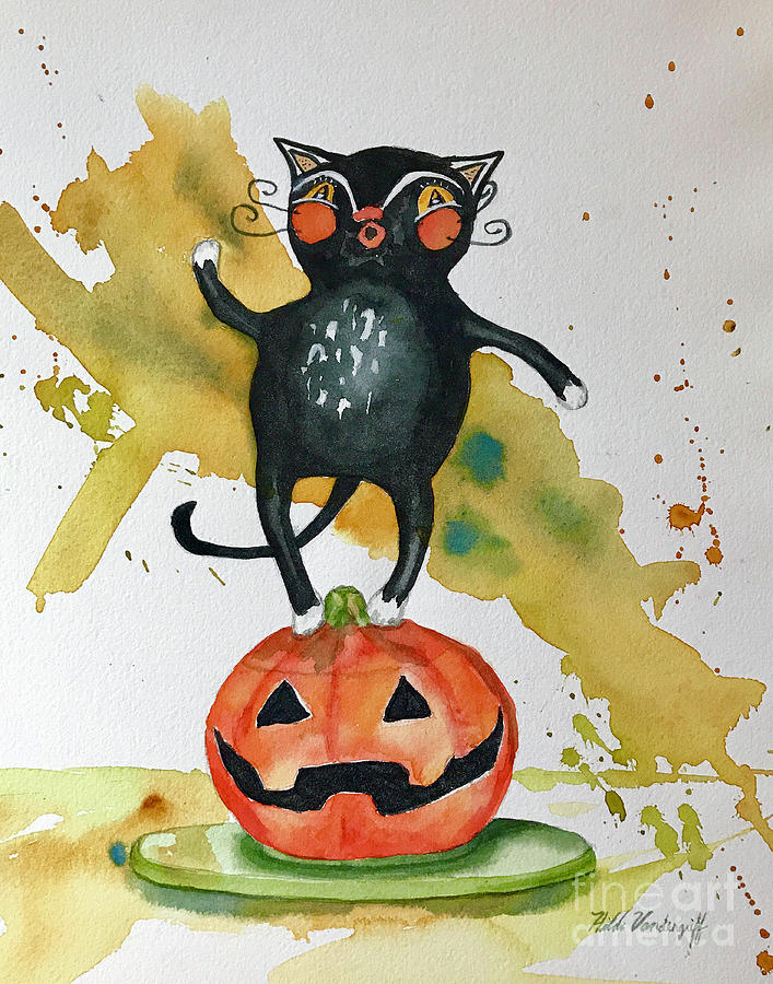 Vintage Halloween Cat Painting by Hilda Vandergriff