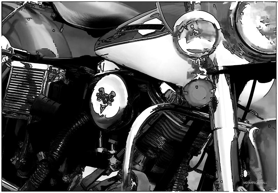 Vintage Harley Davidson Motorcycle Black and White Sketch Digital Art by Marlene Watson